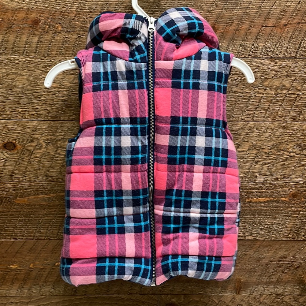 Sugar Rush Girls’ Plaid Hooded Vest Jacket Pink & Navy Small